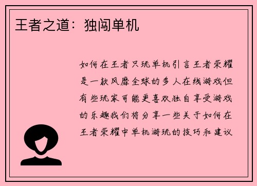 王者之道：独闯单机